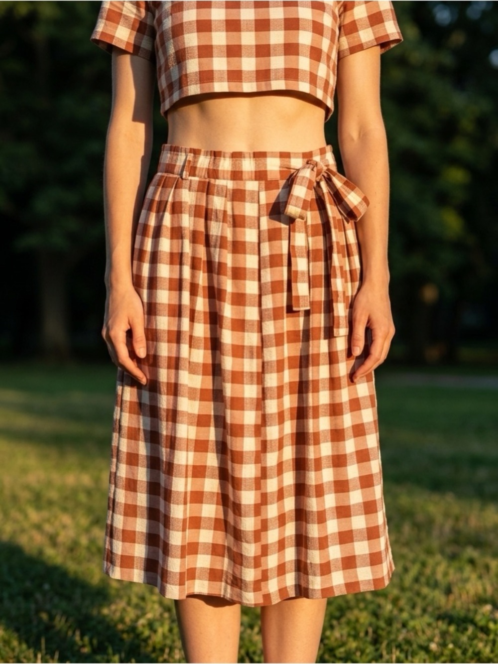 Brown & White Check Midi Skirt | Elastic Waist | Tie Belt | Small